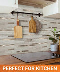 Beige Marble Peel And Stick Backsplash Tiles With Real Metal Look 10 Sheets 10.5 By 11.5 Inches in a kitchen setting