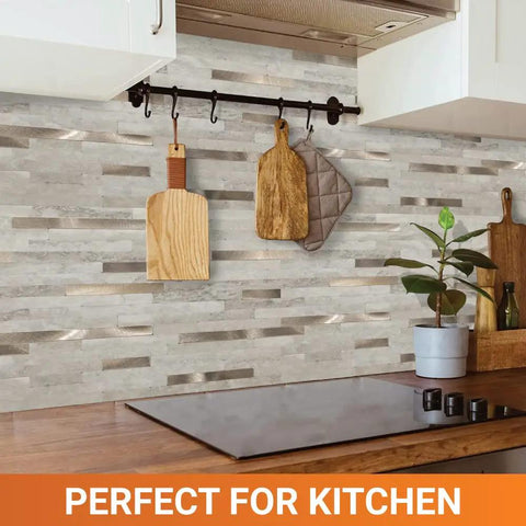 Beige Marble Peel And Stick Backsplash Tiles With Real Metal Look 10 Sheets 10.5 By 11.5 Inches in a kitchen setting
