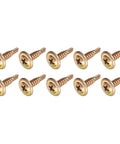 Phillips Self Tapping Screws Size Eight By One Half Inch, 100 Pack, Carbon Steel Dovetail Wood Screws Gold Tone, displayed in a row.