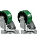 Built Tough 3 Inch Polyurethane Heavy Duty Casters Roll Smooth Swivel Wheels Hold 700 Lbs Zero Scratch Marks On Industrial Floors Made For Utility Carts And Workbenches Set Of Two, green polyurethane treads with silver metal bases.