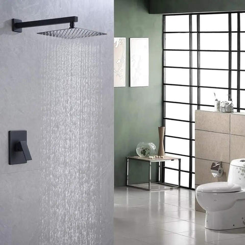 Bangin 10 Inch Square Rainfall Shower Head Trim Kit With Rough-In Valve, Matte Black, installed in modern bathroom