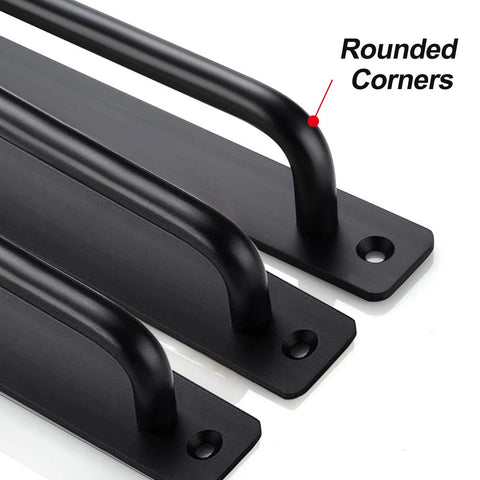 Close-up of 12 Pack Matte Black Cabinet Handles 5 Inch 128 mm showing rounded corners, durable aluminum drawer cupboard pulls for sliding doors.