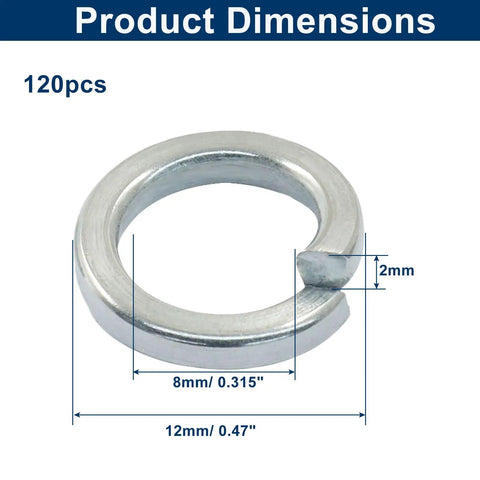 Dimensions of 120 Pcs M8 Split Lock Washers 304 Stainless Steel Spring Lock Washers With Plastic Box Rust Resistant Durable Fastener Set For DIY Projects Auto And Home Improvement