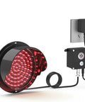 Heavy Duty Led Traffic Signal Light For Loading Docks And Car Washes With Easy Push Button Control Built Tough Pc Housing High Visibility Red Green Warning Lamp Solid As A Rock For Parking Lots showing red LED lights and controller.