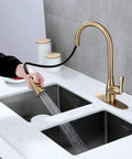 Brushed Gold Kitchen Faucet With Pull Down Sprayer And Soap Dispenser, Deck Plate Included, in use over dual sinks
