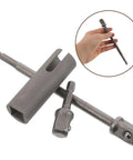 Must-Have Stainless Steel Trailer Jack Drill Adapter for RV leveling, showing durable steel design and hand holding an accessory.
