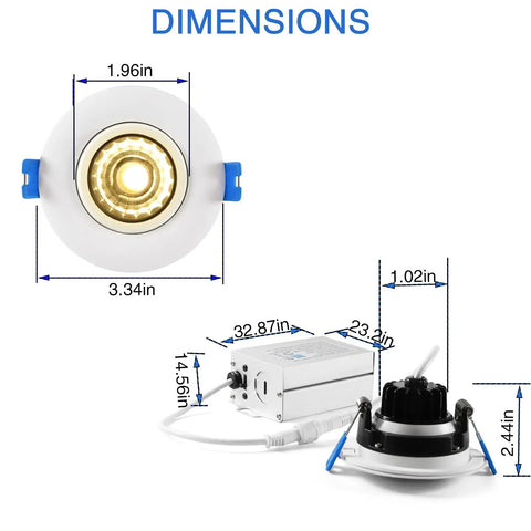 Dimensions of 3 Inch Waterproof Recessed Shower Light With 9W COB LED, Adjustable Gimbal, 3 Color Temperature Options detailed view