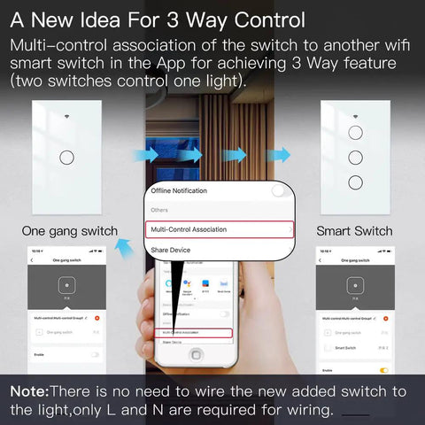 Diagram showing Smart WiFi Wall Touch Light Switch With Neutral Wire Required Two Point Four GHz Network Three Way Multi Control.