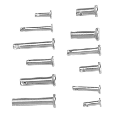 12 Sizes 304 Stainless Steel Flat Head Clevis Pins Assortment Kit With Single Hole Pins, T Shape Round Pin Links, arranged on white background