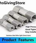 Front view of four stainless steel female-threaded check valves (1/8–1/2 in) for water, oil, or gas.
