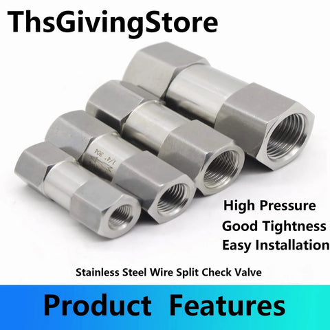 Front view of four stainless steel female-threaded check valves (1/8–1/2 in) for water, oil, or gas.