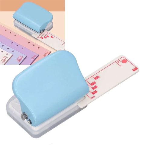 3 Hole Paper Punch Handheld, 5 Sheets Capacity, metal body with slipproof grip, blue plastic cover, shown on pastel-colored paper