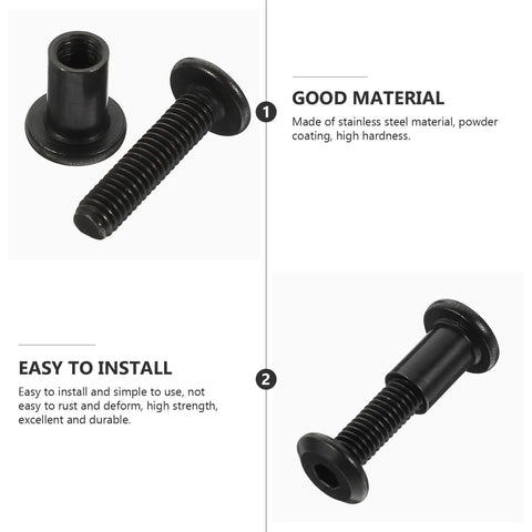 Top Shelf M6x25 Black Stainless Steel Binding Screws With Matching Cap Nuts For Rock Solid Furniture Assembly And Woodworking Projects Hardcore Performance Built To Last Hella Secure Ironclad Hold Fastener Kit on a white background.