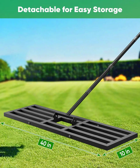 40x10 Inch Lawn Leveling Rake with Upgraded Heavy Duty Reinforced Connection and Adjustable Long Handle on grass