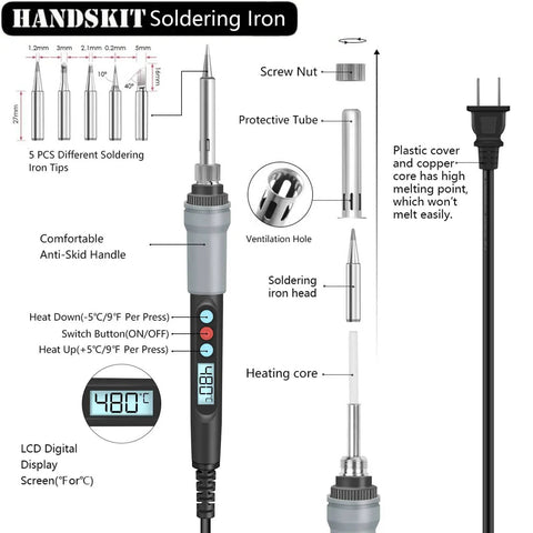 21 In 1 Soldering Iron Kit 90W Adjustable Temperature With Stand Desoldering Pump Magnifier Solder Wire Tweezers 5 Tips
