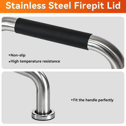 Close-up of the heat-resistant handle on a Round 19.5 Inch Fire Pit Lid For Bonfire 2.0 And 1.0 Smokeless Pits, 304 stainless steel.