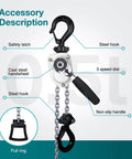 Diagram of Mini Chain Hoist 1100Lb Manual Lever Hoist with labeled parts including steel hooks, safety latch, and non-slip handle.
