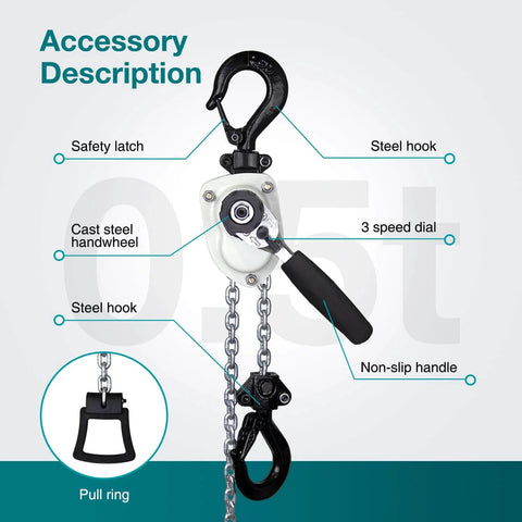Diagram of Mini Chain Hoist 1100Lb Manual Lever Hoist with labeled parts including steel hooks, safety latch, and non-slip handle.