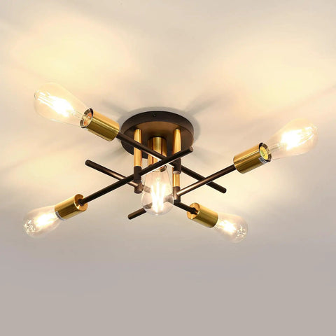 Five Light Dope Farmhouse Semi Flush Mount Ceiling Light Fixture With E26 Base Modern Matte Black And Gold Sputnik Chandelier