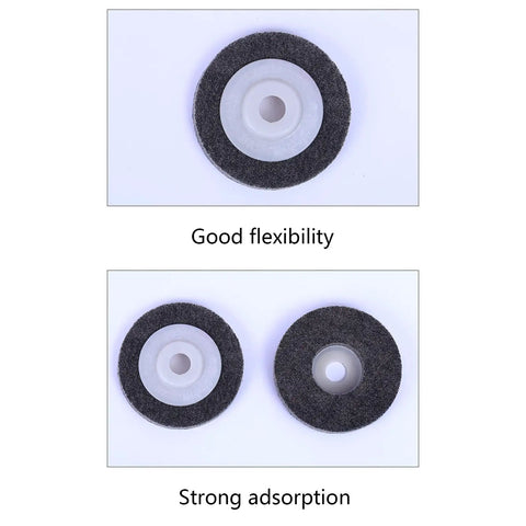 Top and side view of 4 Inch Nylon Fiber Polishing Wheel for 100mm angle grinders, showcasing flexibility and adsorption qualities.