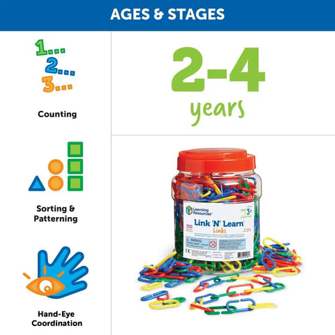 Link N Learn Links Kit For Creative Play And Fine Motor Skills, 500 Colorful Links In 4 Colors With Activity Guide And Storage Bucket, Great For Counting, Patterning, Sorting And DIY Necklaces. Ages 2-4 years.