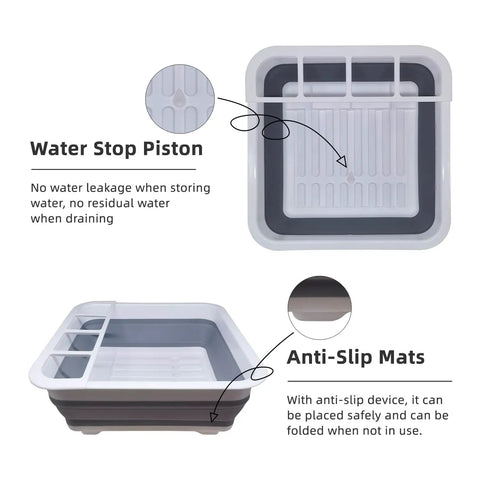Collapsible RV Dish Drying Rack With Built In Utensil Organizer Portable Kitchen Drainer showing water stop piston and anti-slip mats