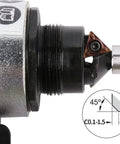 Close-up of Yklp Mini Pneumatic Chamfering Machine Portable Handheld 45 Degree Arc Air Beveler tool with carbide insert and 1/4 inch inlet.