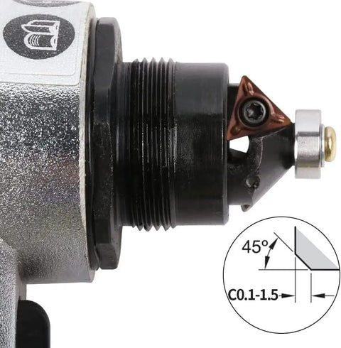 Close-up of Yklp Mini Pneumatic Chamfering Machine Portable Handheld 45 Degree Arc Air Beveler tool with carbide insert and 1/4 inch inlet.