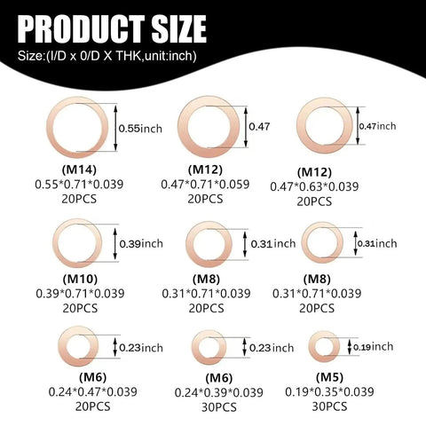 Product sizes for Oil Pan Plug Seal Gasket Kit With Flat Crushed Copper Washers Nine Sizes M5 M6 M8 M10 M12 M14