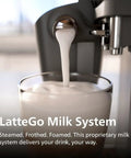 3200 Series Fully Automatic Espresso Machine With LatteGo Milk Frother in use, frothing milk into a glass, close-up view