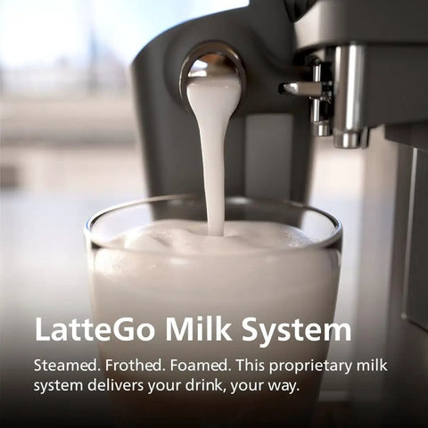 3200 Series Fully Automatic Espresso Machine With LatteGo Milk Frother in use, frothing milk into a glass, close-up view