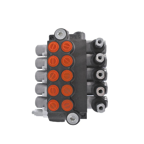 Front view of 5 Spool Hydraulic Directional Control Valve For Double Acting Cylinders 11 GPM Flow 3625 PSI Relief SAE Ports