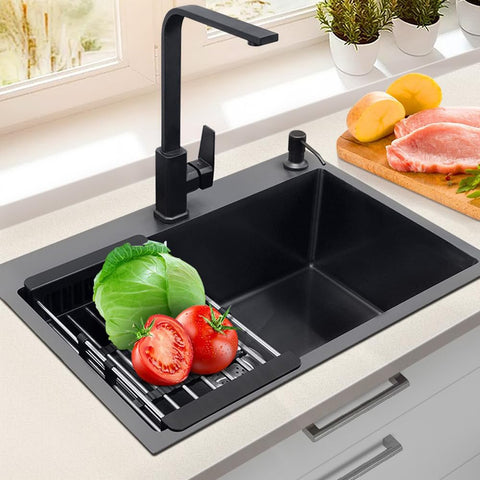 Black Stainless Steel Kitchen Sink 20 By 16 Inch Single Bowl Drop In With Gift Set, 14 Gauge, Two Hole Design with vegetables