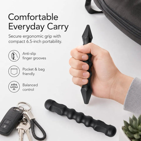 Hand holding 2-Pack Yawara Stick Set 6.5 Inch High Impact Polymer For Self Defense And Training, ergonomic grip next to keys.