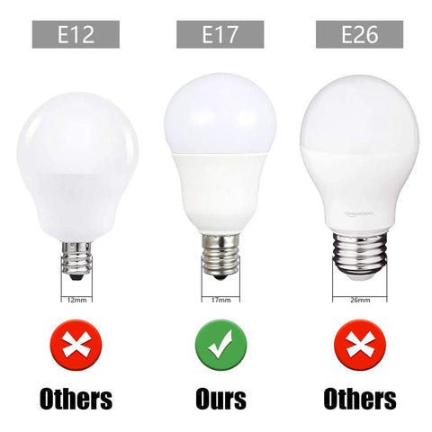Comparison of E12, E17, and E26 bulbs showcasing Dope E17 Intermediate Base LED Bulbs Pack Of 4 6W 60 Watt Equivalent Globe style.
