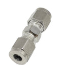 Side view of stainless steel 304 compression union tube fitting, 8mm OD x 8mm OD, pack of 2.