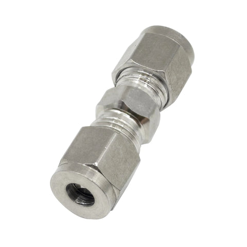 Side view of stainless steel 304 compression union tube fitting, 8mm OD x 8mm OD, pack of 2.