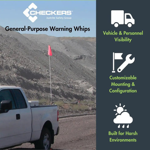 Truck with Heavy Duty Powered Quick Disconnect Warning Whip Safety Flag Hitch Mount With Backup Alarm For Trucks, Mining And Construction Job Sites, Industrial Safety Flags Made In The USA near mine site.