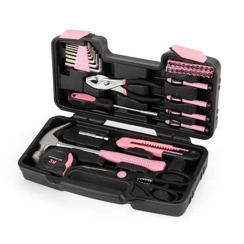 39 Piece General Tool Set With Pink Portable Toolbox Storage Case, Durable Chrome Finished Steel Tools With TPR Grips, ANSI Standard, Ideal For Home Repairs, DIY Projects, And Everyday Fixes
