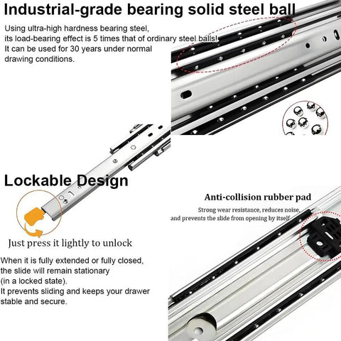 Beefy Heavy Duty Drawer Slides With Lock And Full Extension Ball Bearing Rails, 500 Lb Capacity, side view showing lock and steel ball bearings.