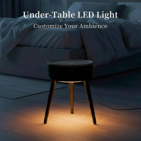 Under-table LED light illuminating a bedroom with a cozy ambience, customizable lighting atmosphere showcased in dark room.