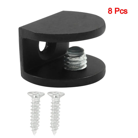 Rock Solid Black Glass Shelf Brackets 8 Pack With Mounting Screws, heavy duty clamp for 5mm to 8mm glass, sleek zinc alloy