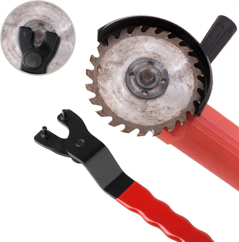 Heavy Duty Adjustable Pin Wrench For Angle Grinders with chisel steel body and red grippy handle beside a grinder blade.