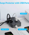 18 In 1 Power Strip With 12 AC Outlets 6 USB Ports Surge Protector 5 Ft Extension Cord 1440 Joules Wide Voltage 120 To 240V ETL Listed For Home Office Kitchen Dorm Wall Desk Charging Station on desk with USB-C and USB-A ports