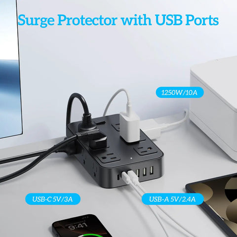 18 In 1 Power Strip With 12 AC Outlets 6 USB Ports Surge Protector 5 Ft Extension Cord 1440 Joules Wide Voltage 120 To 240V ETL Listed For Home Office Kitchen Dorm Wall Desk Charging Station on desk with USB-C and USB-A ports