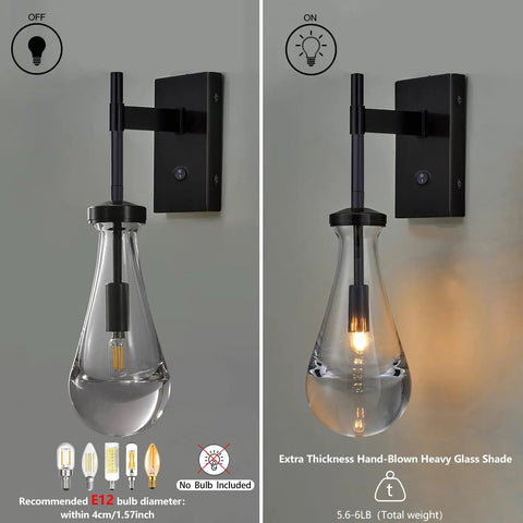 Black Raindrop Glass Wall Sconce With On Off Switch Sleek Modern Vanity Light Fixture For Bathroom Bedroom Living Room Hallway Style That Brings Lit Ambience And Easy Everyday Use, showing on off switch and lit/ unlit glass shade.