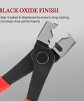 Close-up of a 9 Piece Hose Clamp Pliers Set With Flexible Long Reach For Automotive Coolant Radiator Heater And Water Lines Locking Mechanism Carbon Steel With Black Oxide Finish Ergonomic Grip Red Auto Clamp Removal Tool Kit showing the black oxide finish.