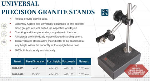 Universal Precision Granite Inspection Stand With 260 By 140 mm Base, 10.24 By 5.51 In, Post Diameter 0.55 In And 7.87 In Tall, 6.5 In Reach, DIN876 Compliant