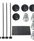 Top Shelf Universal Fan Mounting Kit Featuring Push Through Radiator Cooling Fan Straps And Heavy Duty Installation Bolts Clips Springs Foam Pads For Every Rig, including black rods, foam pads, and metal springs.