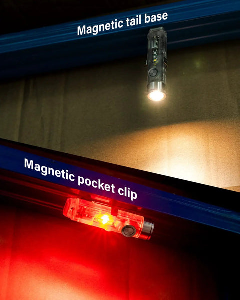 Aurora A8 4th Gen USB C Keychain Flashlight hanging with magnetic tail base and pocket clip illuminating in dual light modes.